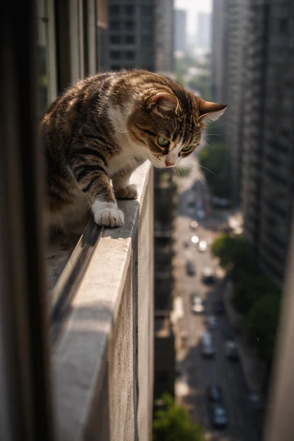 Kot wychylający się przez balkon bez zabezpieczenia