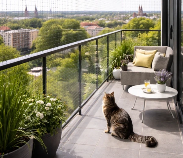 Bezpieczny balkon z siatką ochronną dla kota